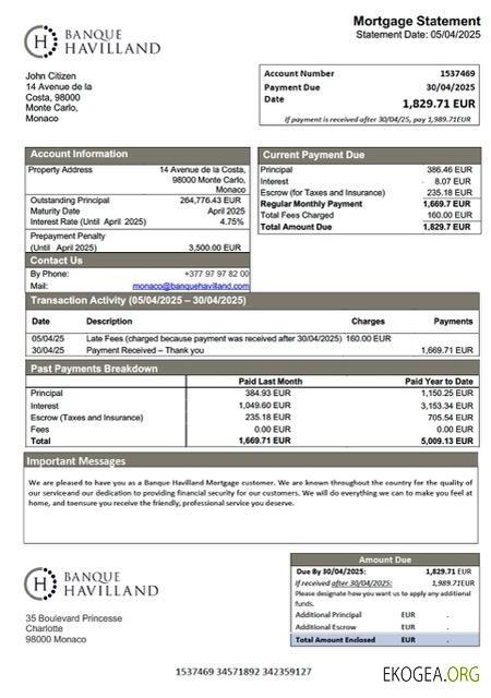 Modèle Word et PDF de relevé hypothécaire de la Banque Havilland de Monaco